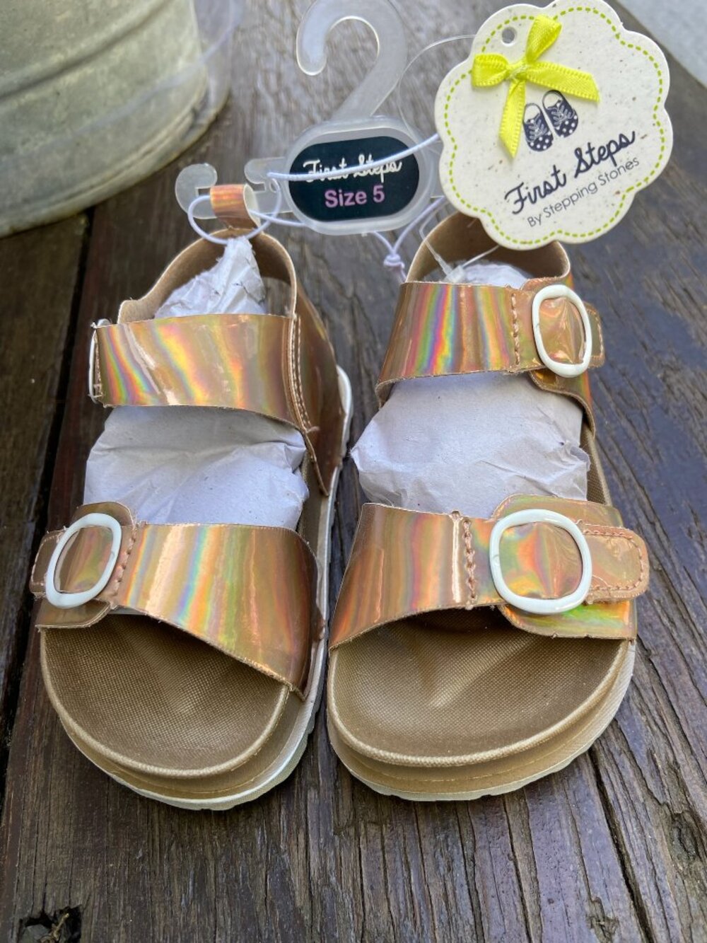 NWT First Steps Gold Holographic Sandals Size 5